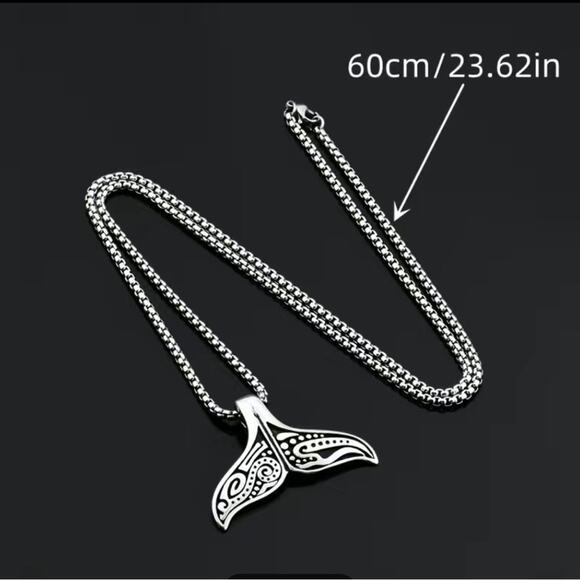 Whale Tail Design Pendant Necklace Silver Tone Tribal Surf Hawaiian Unisex - Picture 3 of 6